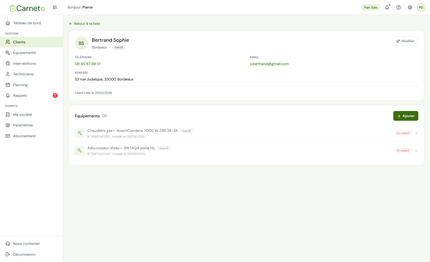 Fiche client Carneto